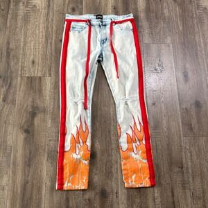 HZW Flame Graphic Jeans Mens 36 Blue Good Distressed Red Stripe Streetwear Pants